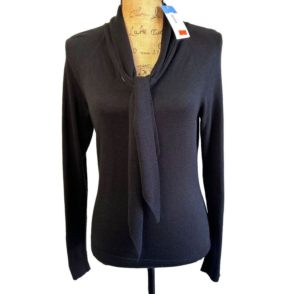 Per Se Black Knit Sweater Tie Neck Long Sleeve Top Sz S/M